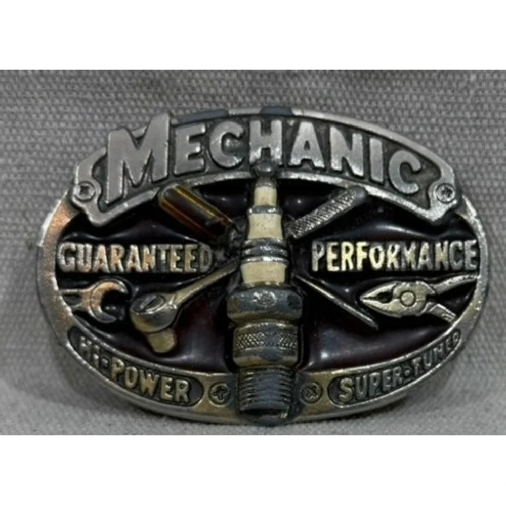 Vintage 1982 Mechanic Belt Buckle Spark Plug Tools Made in USA Pewter Tone 1353